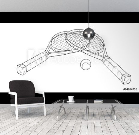 Afbeeldingen van Two tennis racquets and ball sketch